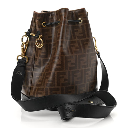 Fendi Glazed Fabric Vitello Grace F is Fendi FF 1974 Stamp Patch Grande Mon Tresor Bucket Bag Mogano Panna Black 3 of 16