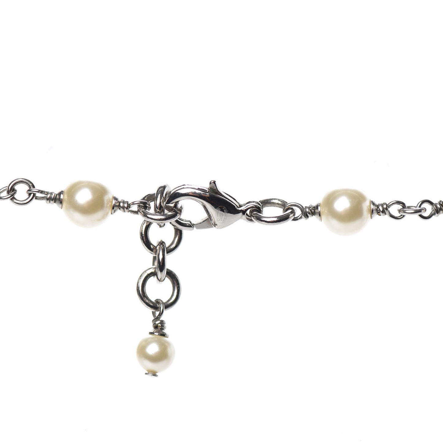 Graduated Pearl Crystal CC Long Necklace Silver