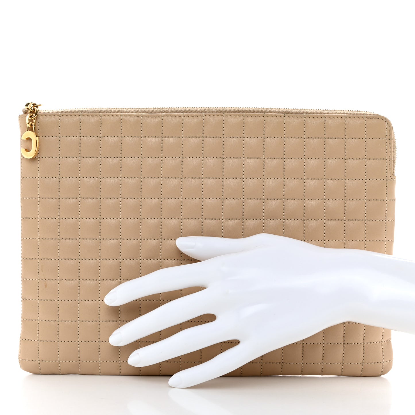 Calfskin Quilted C Charm Pouch Nude