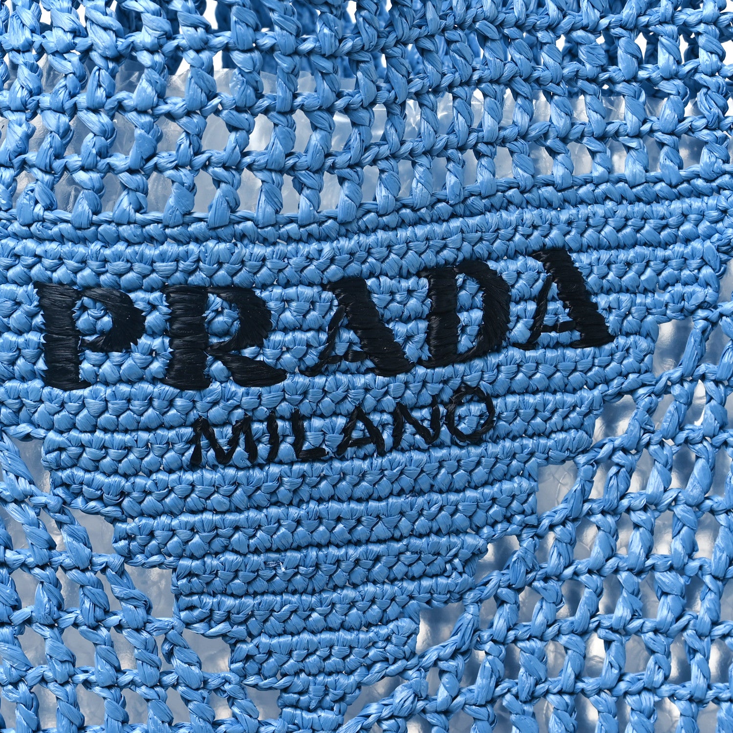 Prada Yarn Raffia Effect Crochet Logo Embroidered Shopping Tote Bag Celeste 7 of 9