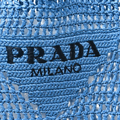 Prada Yarn Raffia Effect Crochet Logo Embroidered Shopping Tote Bag Celeste 7 of 9