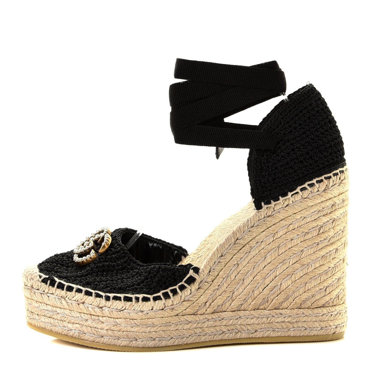 Gucci Cotton Crochet Pearly GG Ankle Wrap Platform Espadrille Wedges 39 Black 1 of 6