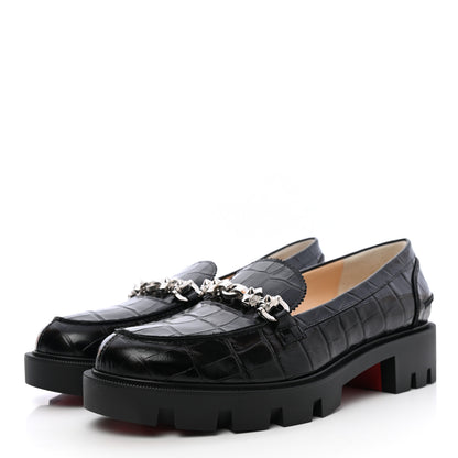 Christian Louboutin Croc Calfskin Embossed Womens Lug Swing Loafers 39.5 Black 3 of 9