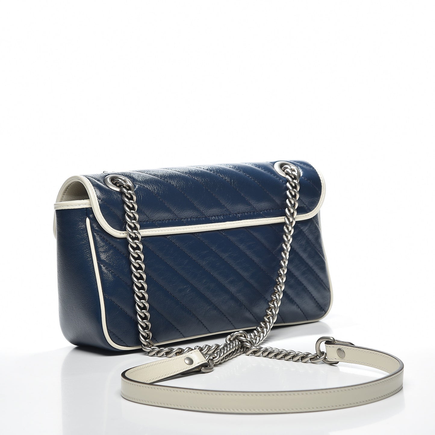 Vintage Effect Calfskin Matelasse Diagonal Small Torchon GG Marmont Shoulder Bag Blue Agata Mystic White