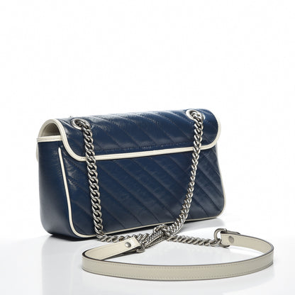 Gucci Vintage Effect Calfskin Matelasse Diagonal Small Torchon GG Marmont Shoulder Bag Blue Agata Mystic White 2 of 10