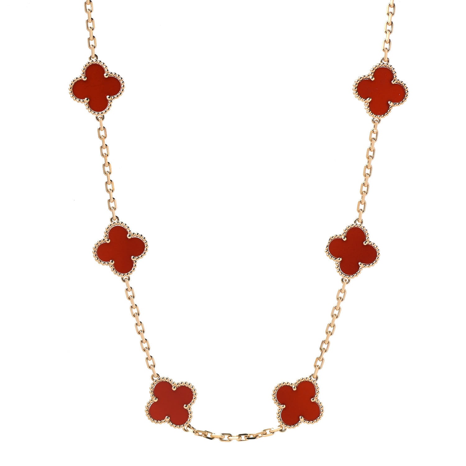 Van Cleef & Arpels 18K Yellow Gold Carnelian 10 Motifs Vintage Alhambra Necklace 1 of 7