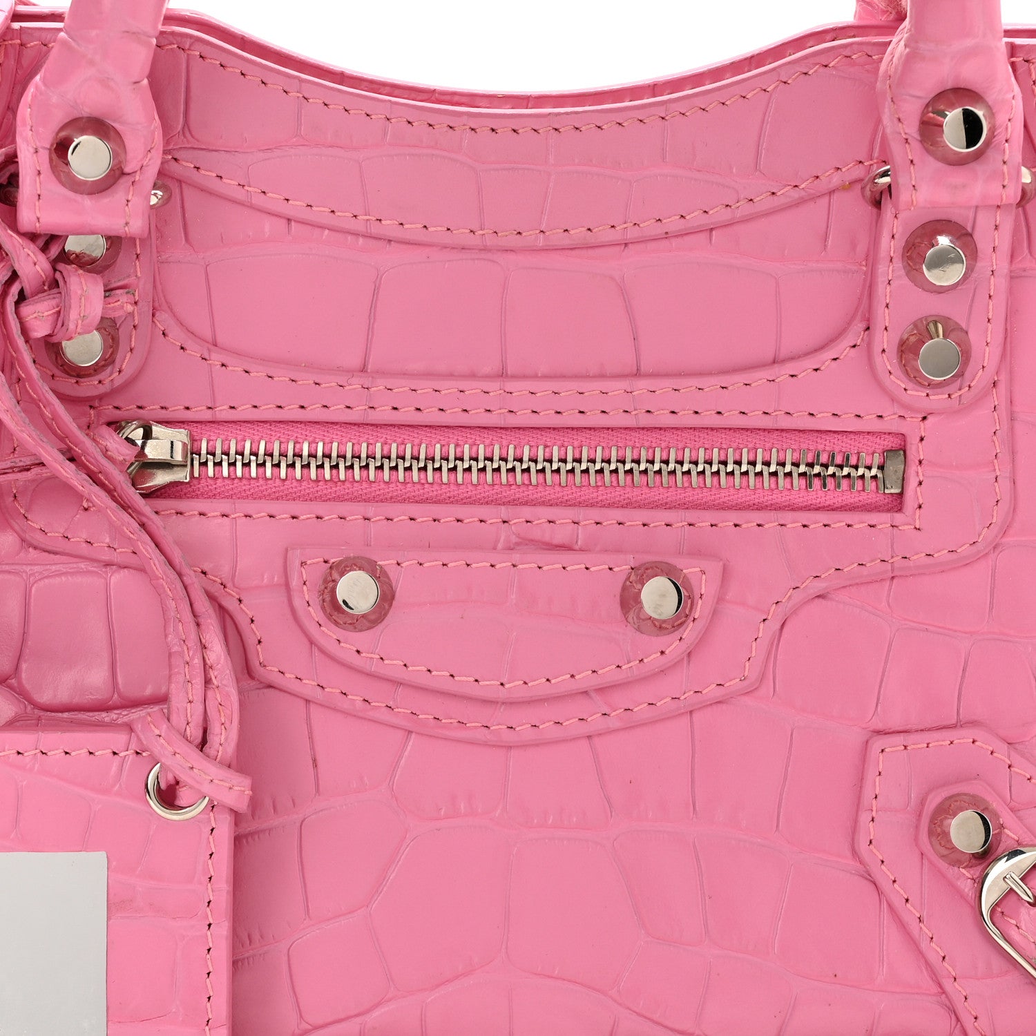 Balenciaga Shiny Supple Calfskin Crocodile Embossed Classic Silver Hardware Mini City Baby Pink 8 of 10
