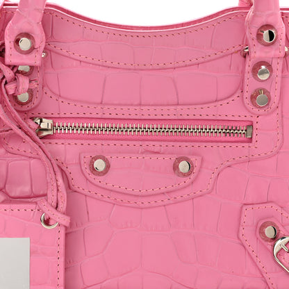 Balenciaga Shiny Supple Calfskin Crocodile Embossed Classic Silver Hardware Mini City Baby Pink 8 of 10
