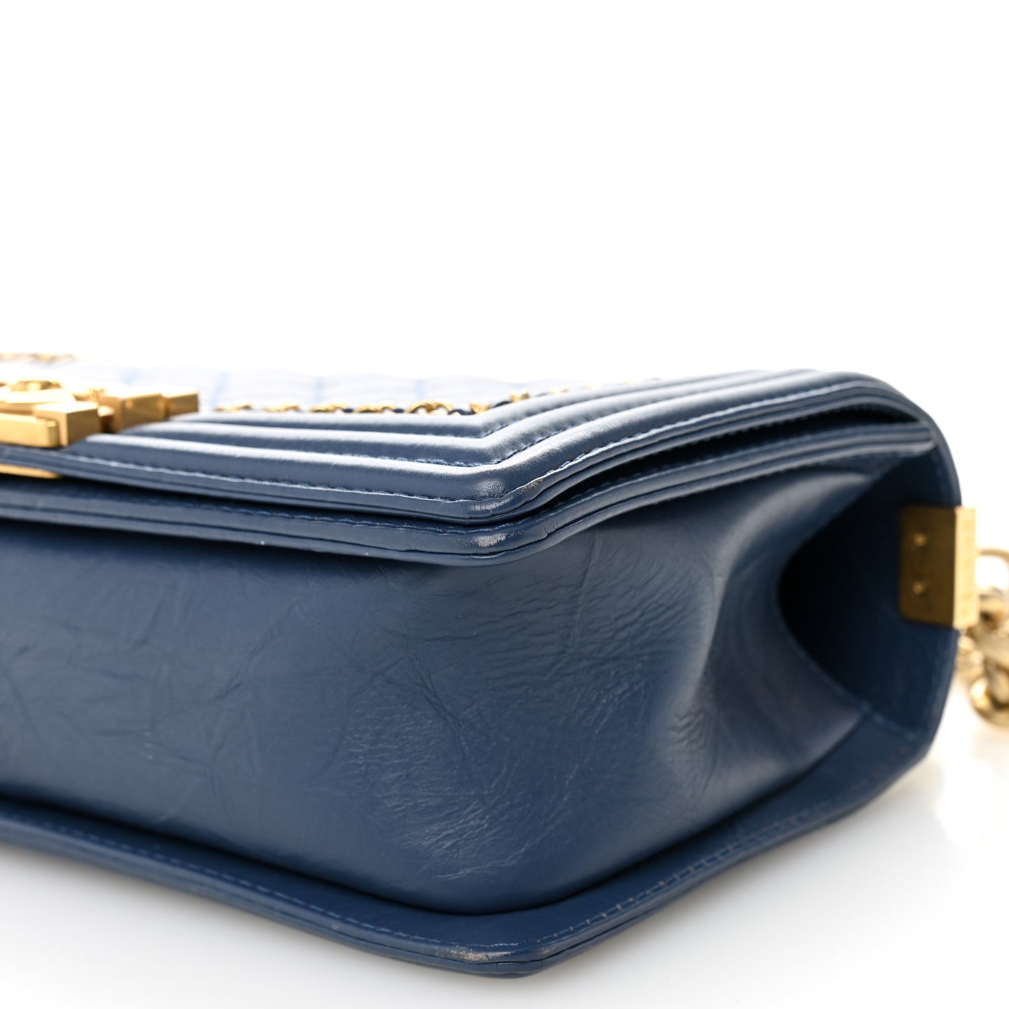 Aged Calfskin Quilted Medium Chain Detail Boy Flap Blue