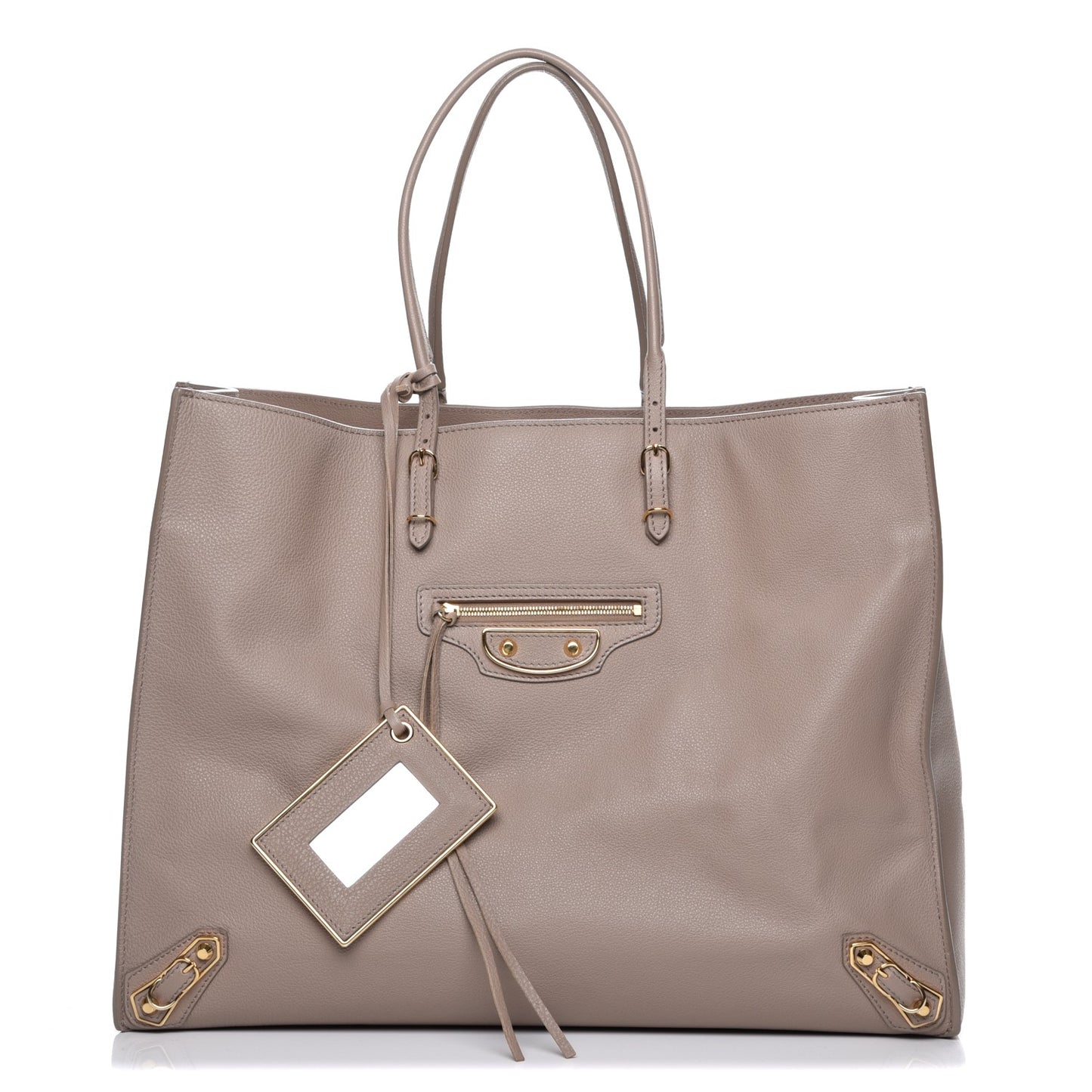 Grained Calfskin Gold Metallic Edge Hardware Papier A4 Tote Beige
