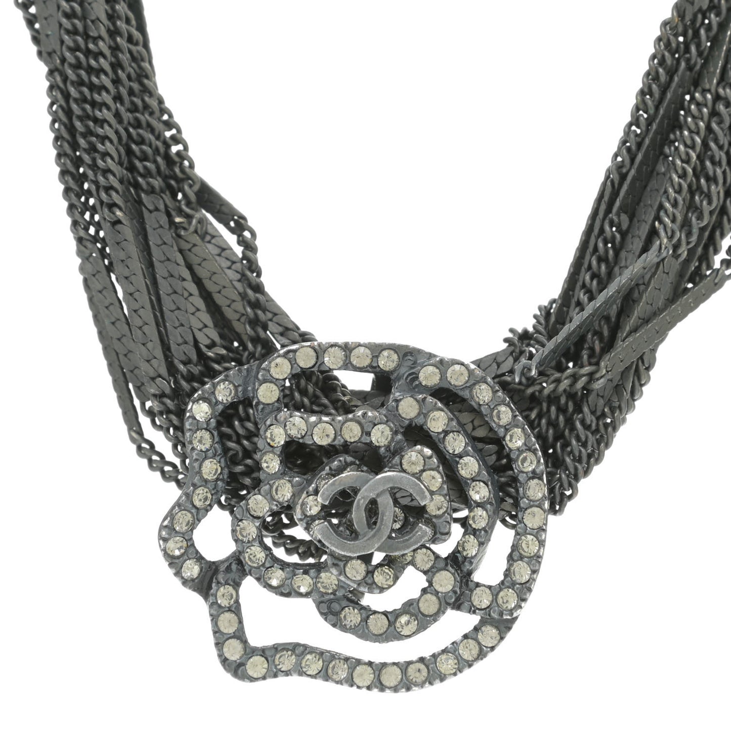 Ruthenium Crystal CC Camellia Multi Strand Necklace Dark Grey