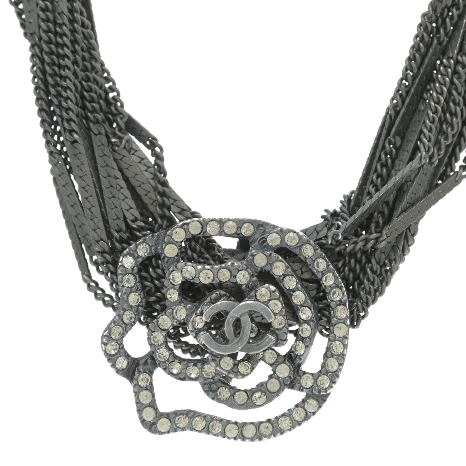 Chanel Ruthenium Crystal CC Camellia Multi Strand Necklace Dark Grey 4 of 5