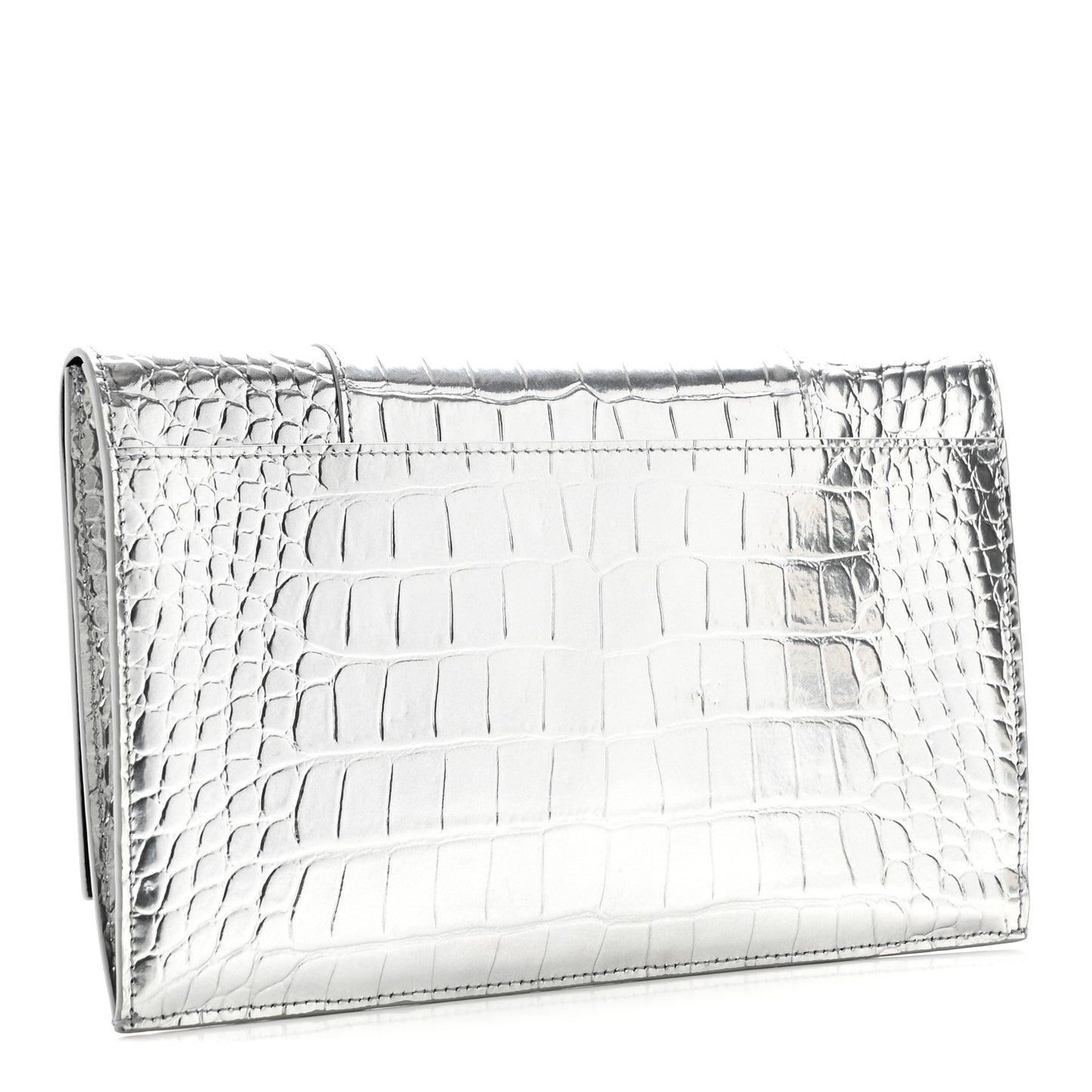 Metallic Calfskin Crocodile Embossed Hourglass Flap Flat Pouch Silver