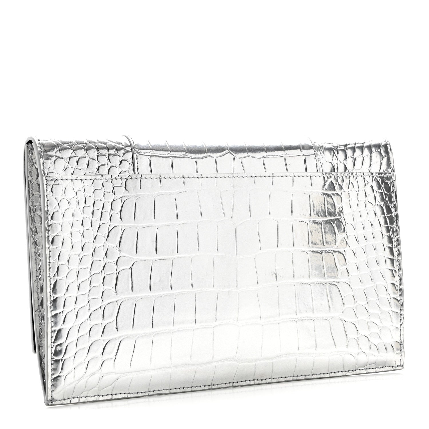 Balenciaga Metallic Calfskin Crocodile Embossed Hourglass Flap Flat Pouch Silver 3 of 10