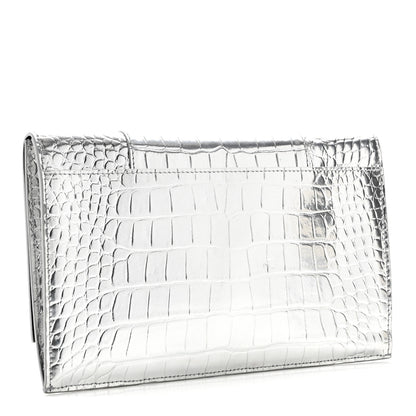 Balenciaga Metallic Calfskin Crocodile Embossed Hourglass Flap Flat Pouch Silver 3 of 10