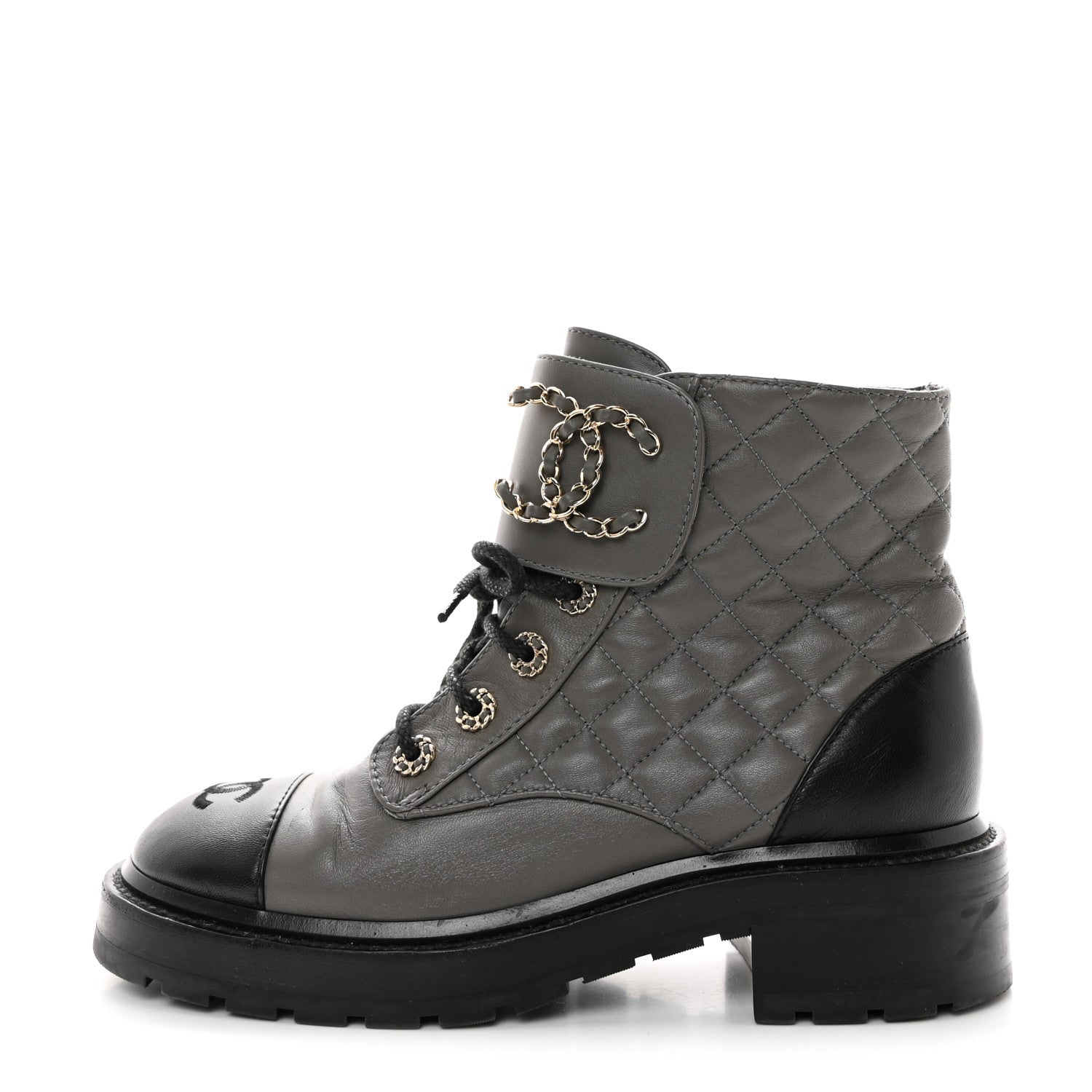 Chanel Shiny Lambskin Quilted Lace Up Combat Boots 38 Grey Black 1 of 8