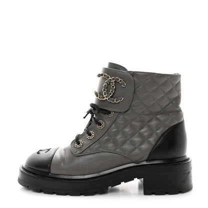 Chanel Shiny Lambskin Quilted Lace Up Combat Boots 38 Grey Black 1 of 8