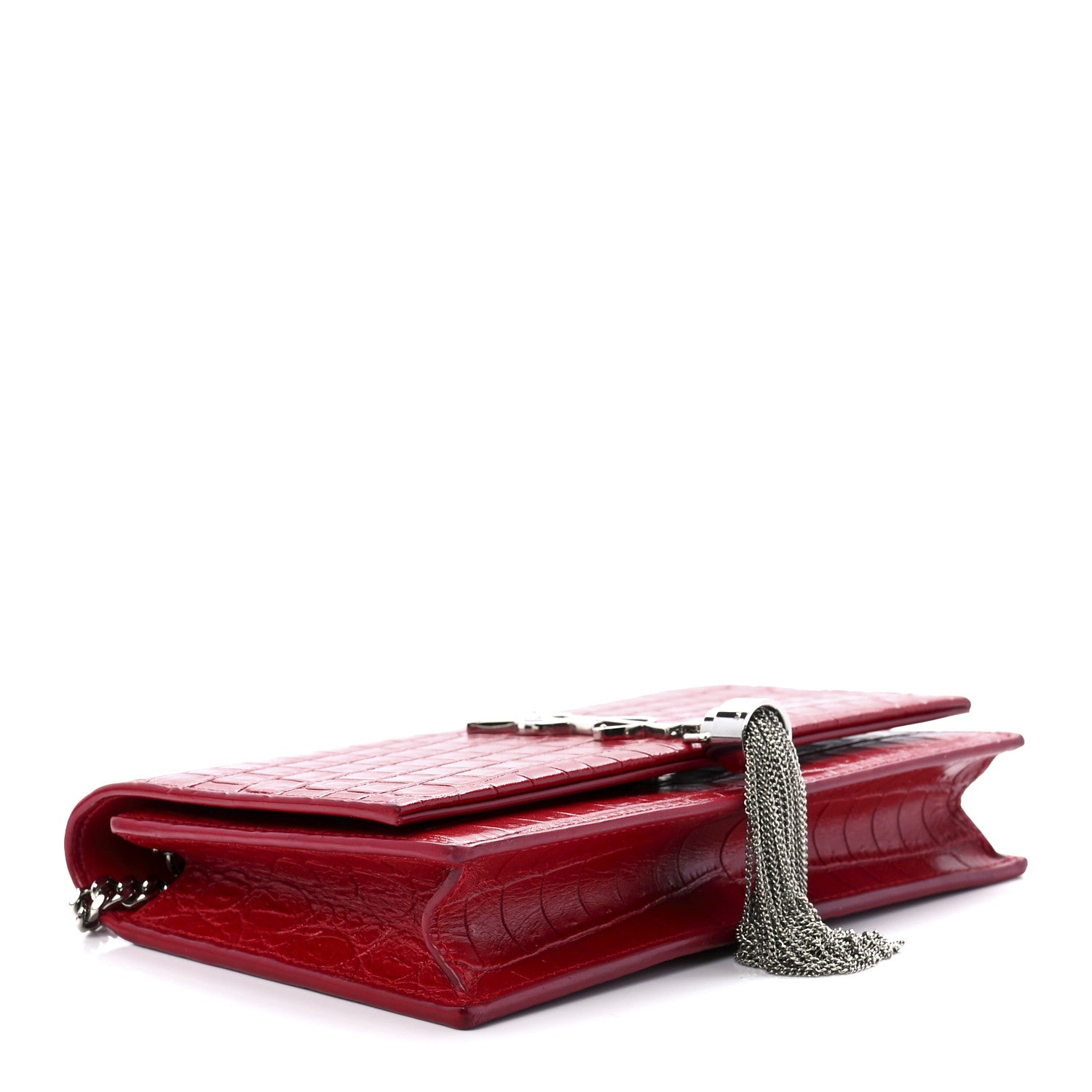 Saint Laurent Calfskin Crocodile Embossed Kate Monogram Tassel Chain Wallet Rouge Eros 4 of 10