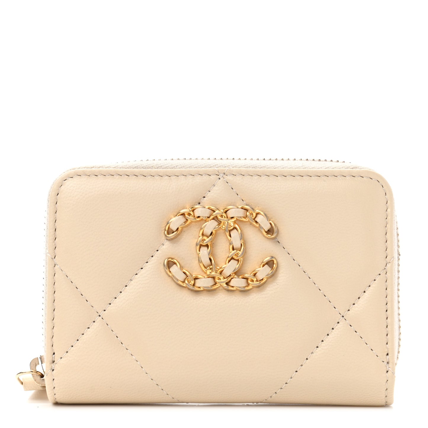Goatskin Quilted Chanel 19 Zip Around Coin Purse Wallet Beige