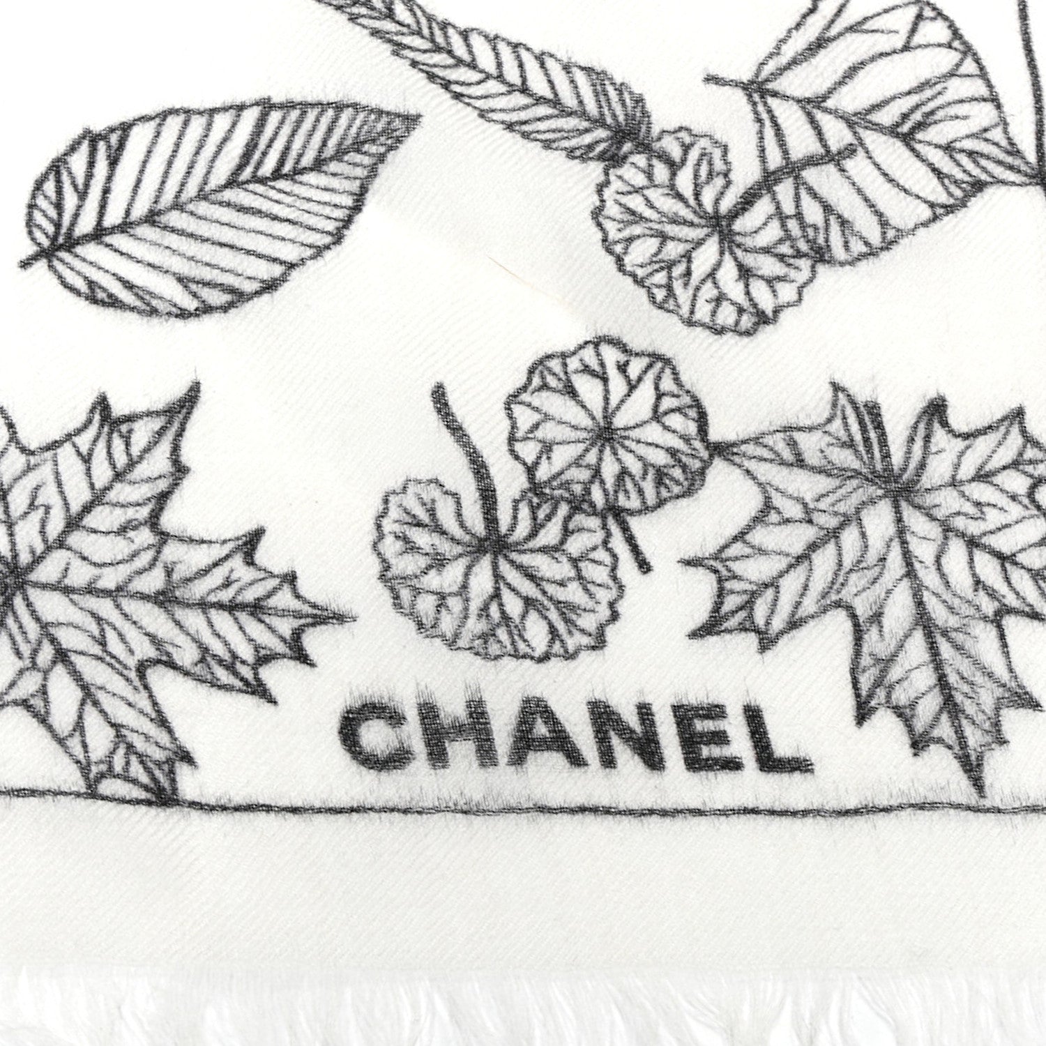 Chanel Cashmere CC Logo Leaves Scarf White Black 3 of 4