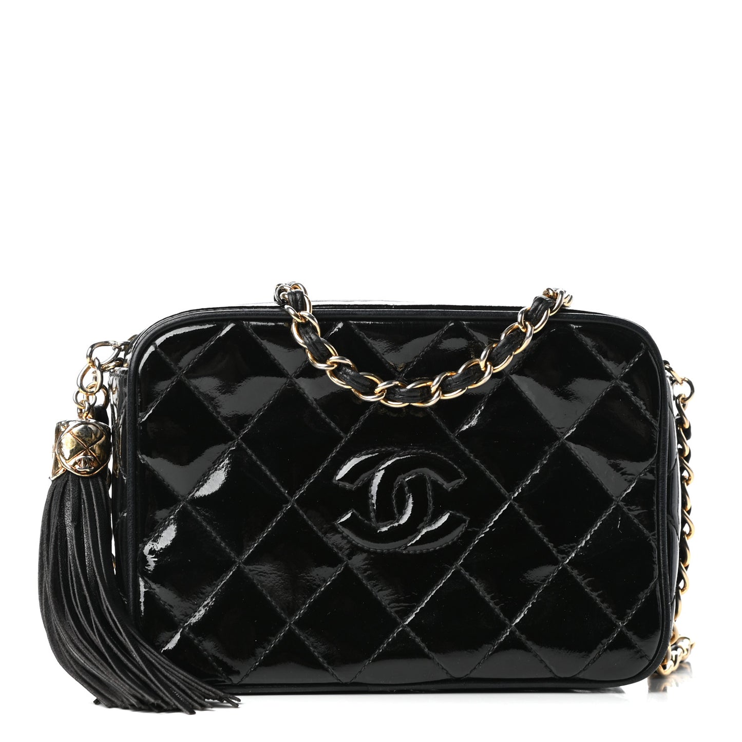 Patent Tassel Quilted Shoulder Bag Black