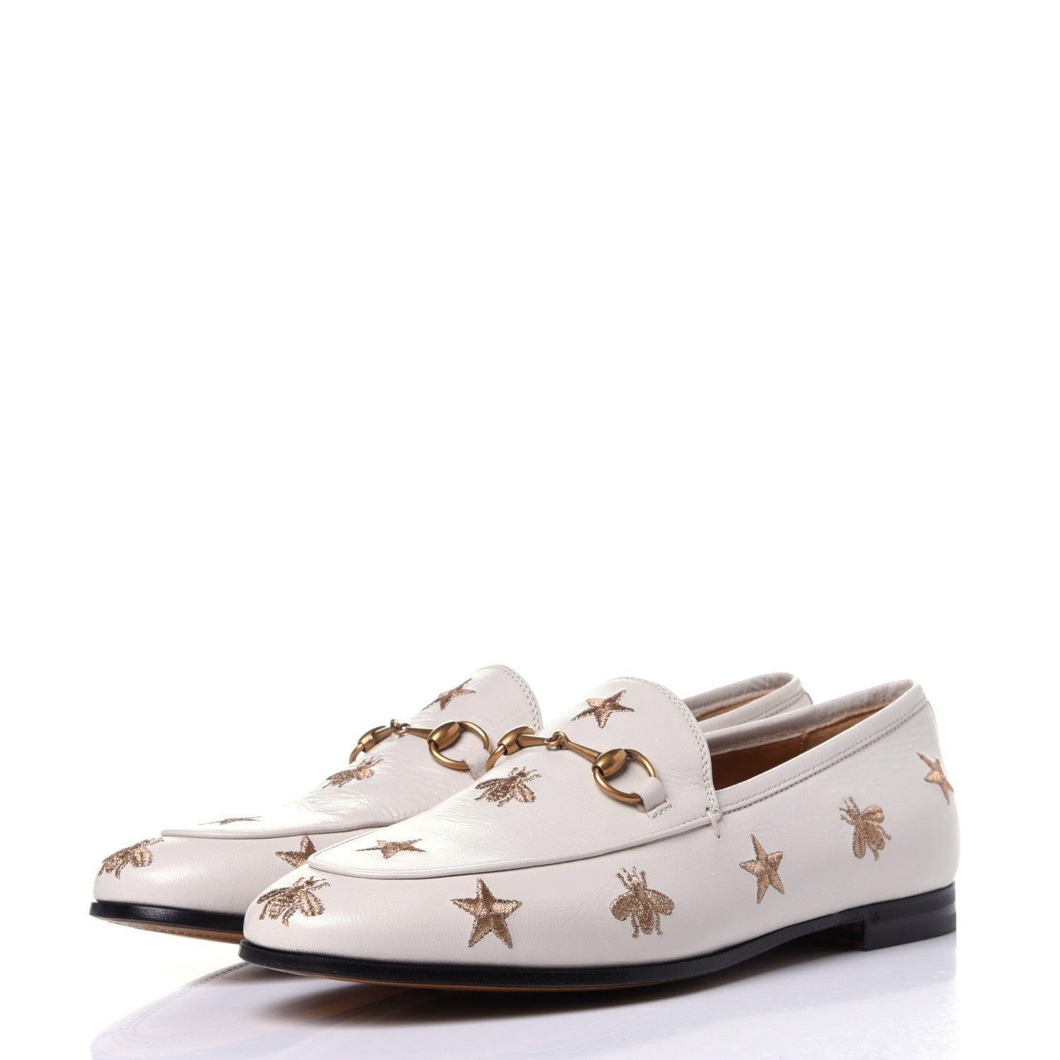 Gucci Goatskin Bee Star Embroidered Womens Jordaan Loafers 39 Mystic White 3 of 11