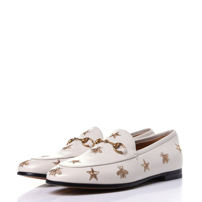 Gucci Goatskin Bee Star Embroidered Womens Jordaan Loafers 39 Mystic White 3 of 11