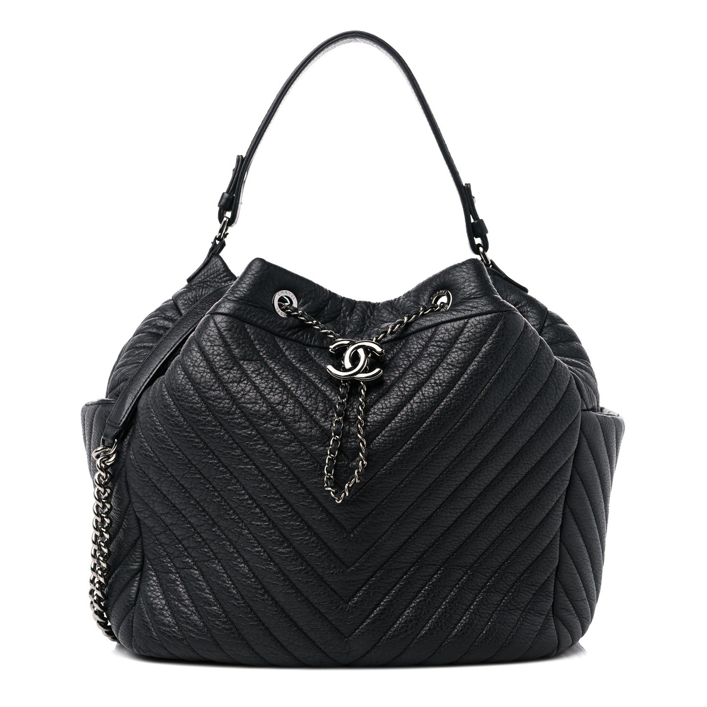 Deerskin Chevron Large CC Chain Bucket Drawstring Bag Black