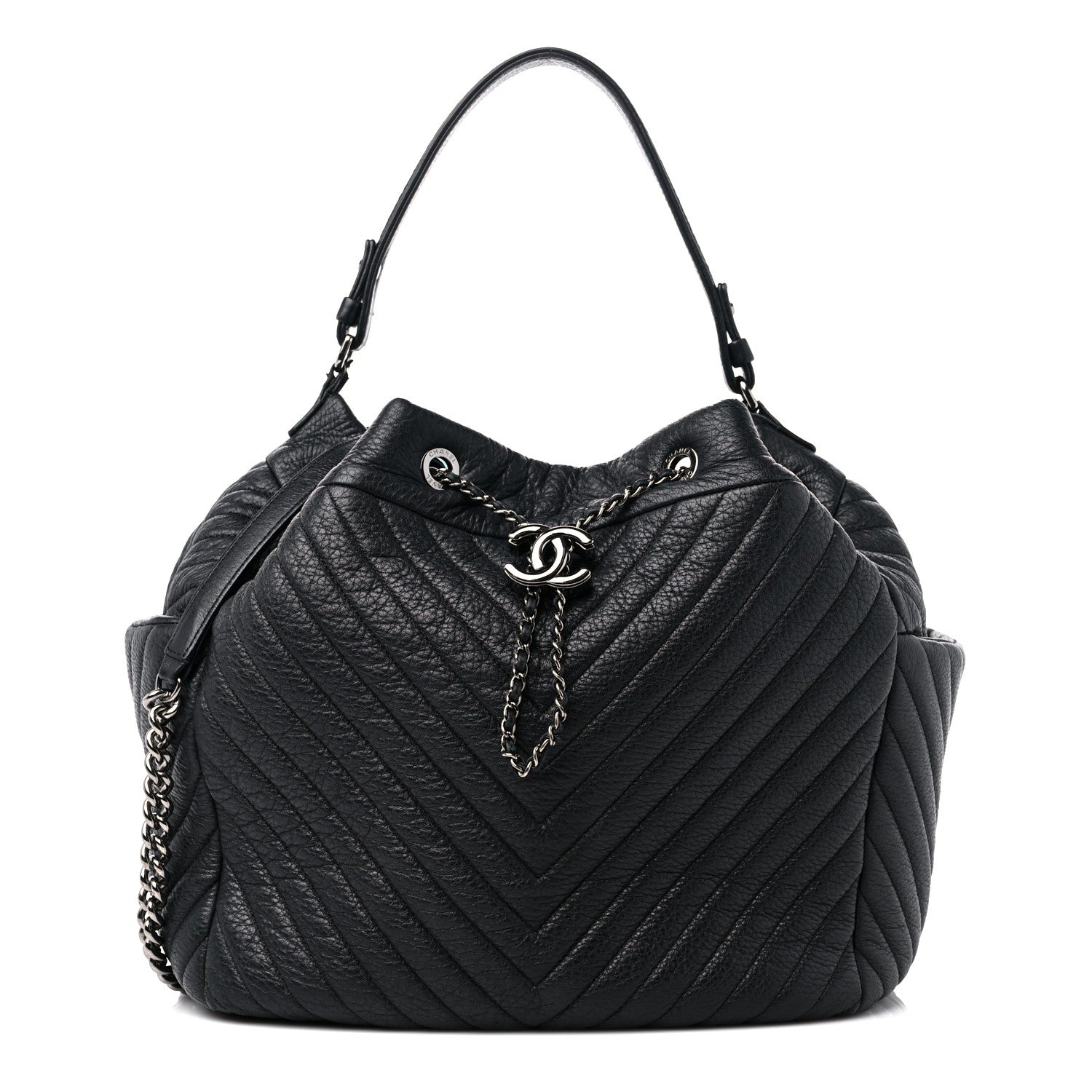 Chanel Deerskin Chevron Large CC Chain Bucket Drawstring Bag Black 1 of 17