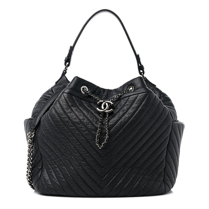 Chanel Deerskin Chevron Large CC Chain Bucket Drawstring Bag Black 1 of 17