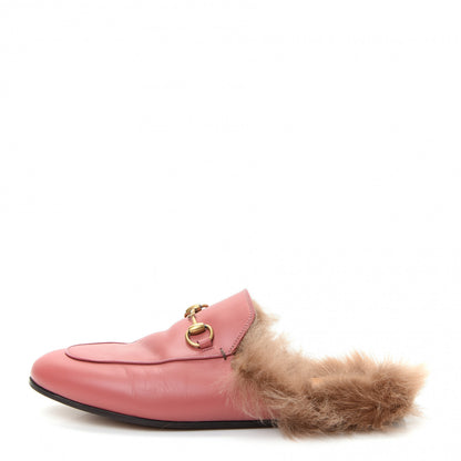 Gucci Calfskin Fur Womens Princetown Slippers 37.5 Lipstick Rose Natural 1 of 10