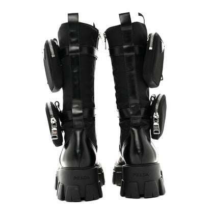 Prada Spazzolato Rois Re-Nylon Metal Triangle Logo Monolith Pouch Pocket 55mm Tall Combat Boots 39.5 Black 5 of 13