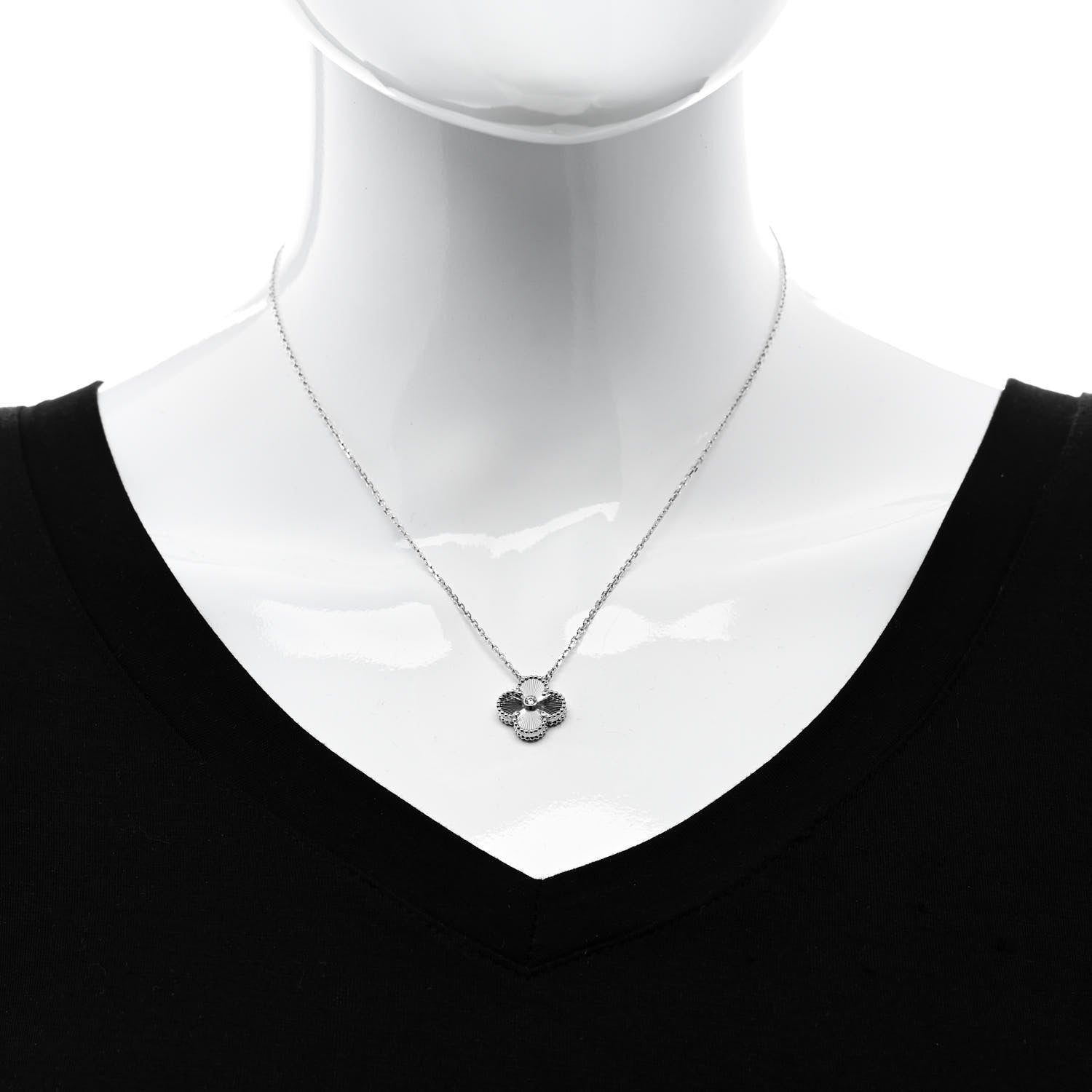 Van Cleef & Arpels 18K White Gold Diamond Guilloche Vintage Alhambra Pendant Necklace 2 of 6