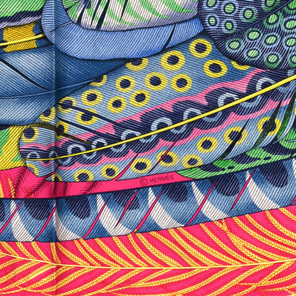 Hermes Silk Plumes En Fete Scarf 90 Rose Vif Bleu Vert 3 of 4