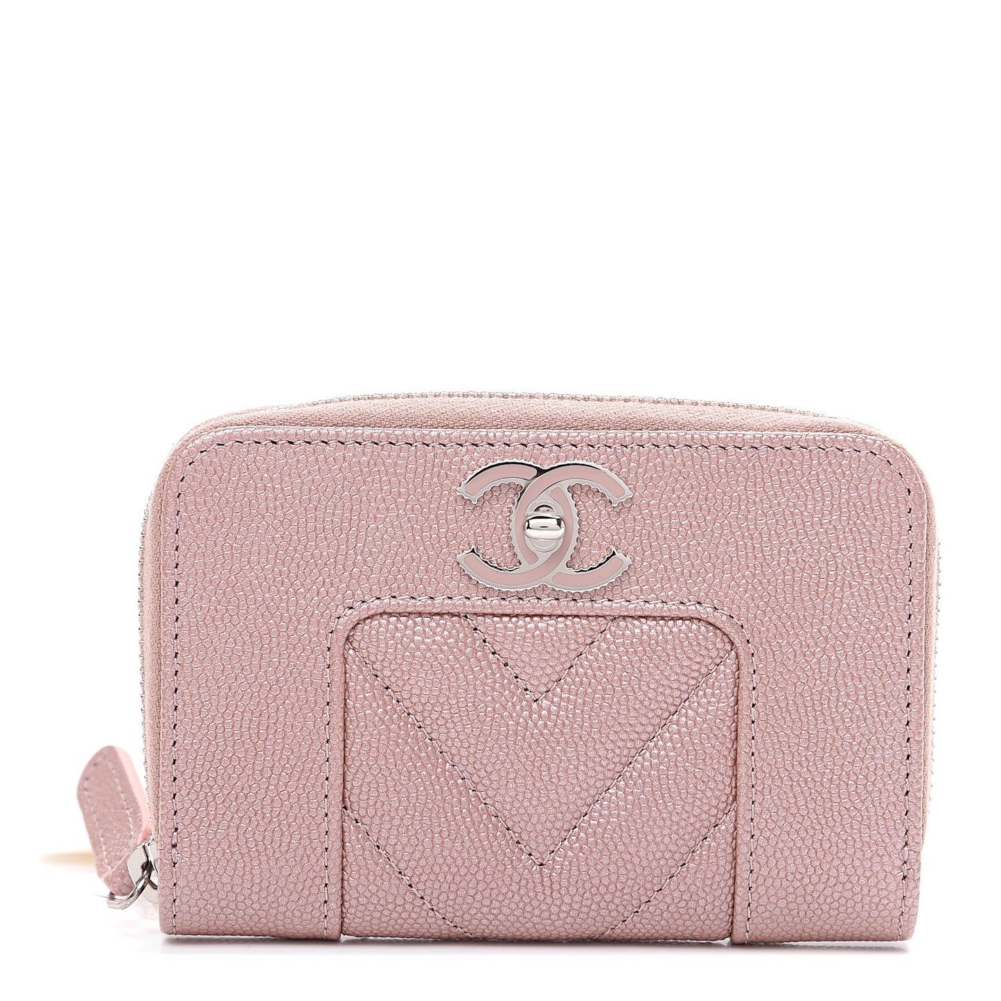 Metallic Caviar Chevron Quilted Vintage Mademoiselle Zip Coin Purse Pink