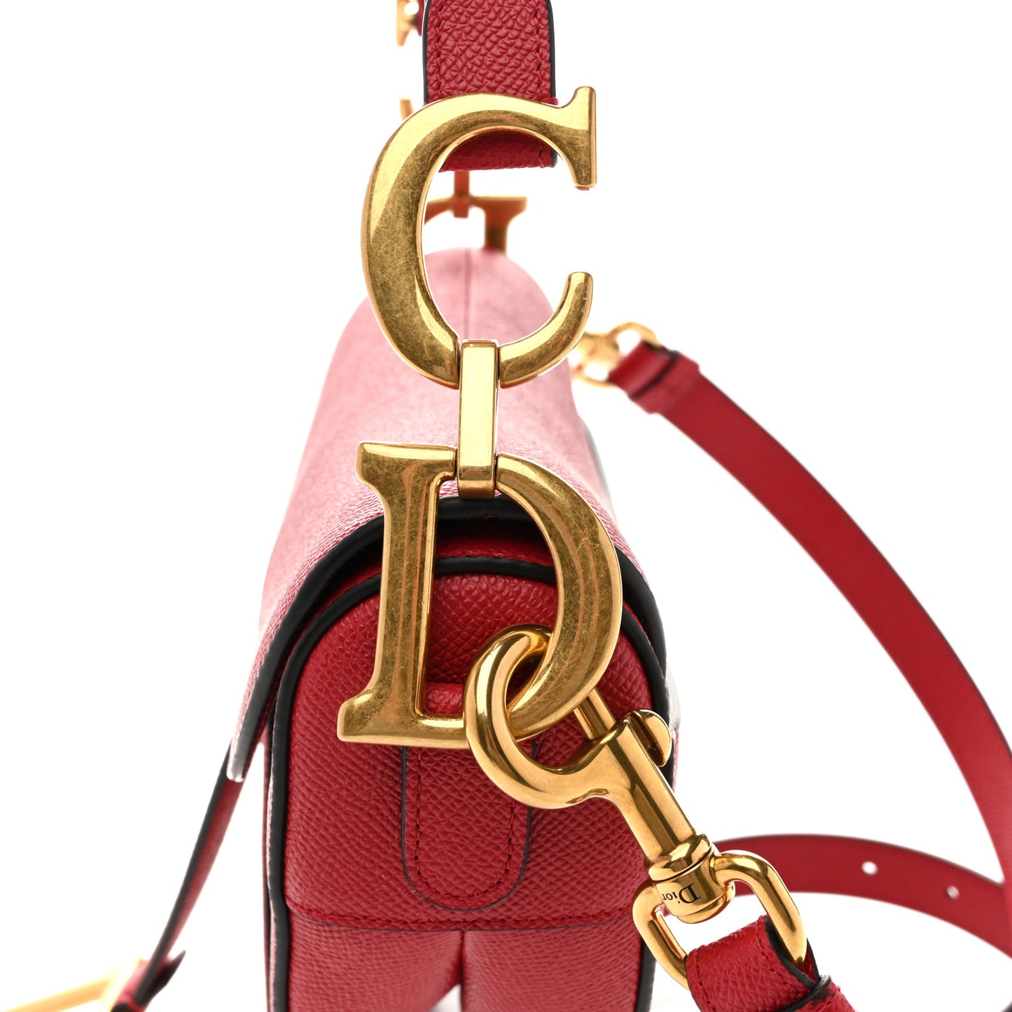 Grained Calfskin Saddle Bag With Strap Cherry Red