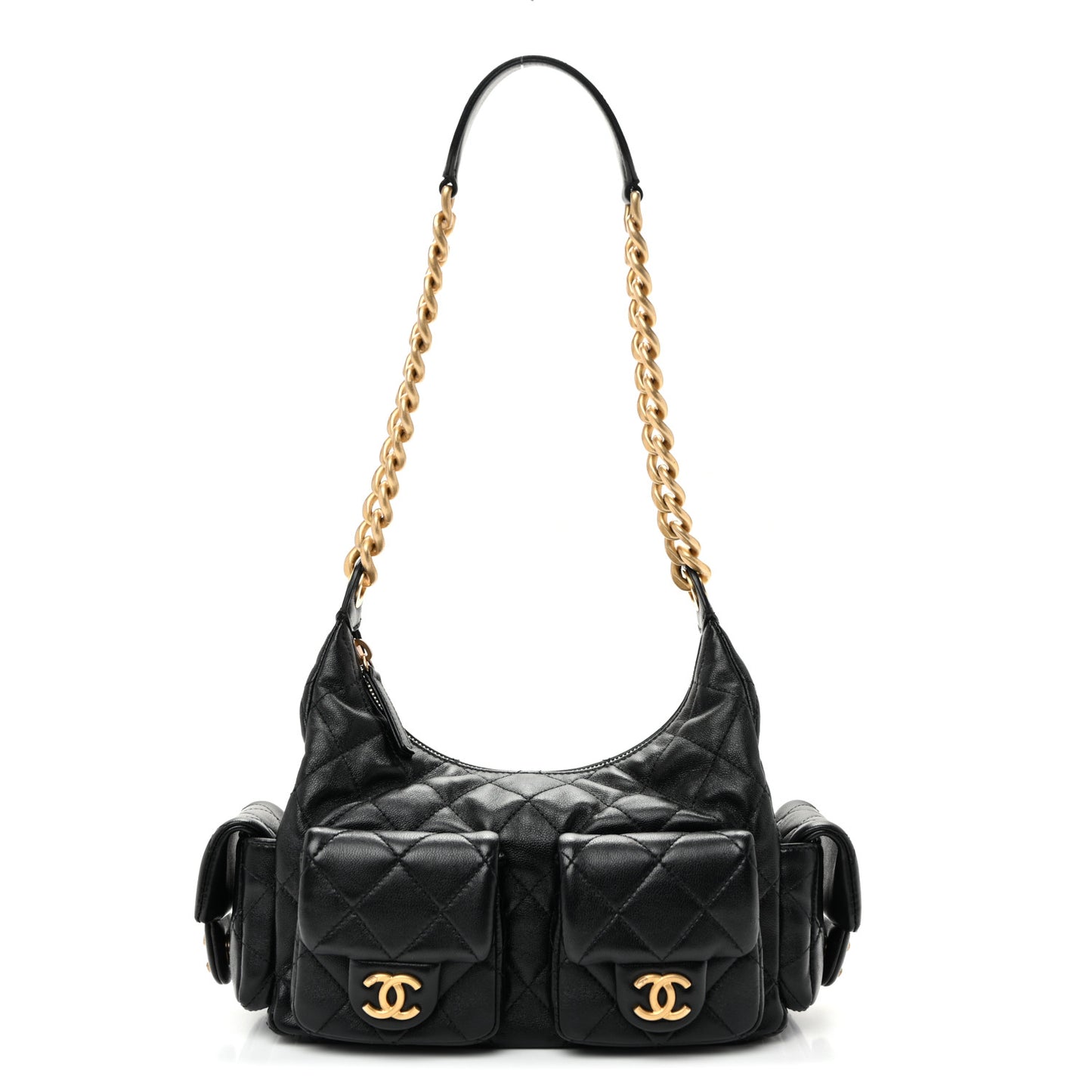 Shiny Lambskin Quilted Trendy Pockets Hobo Black