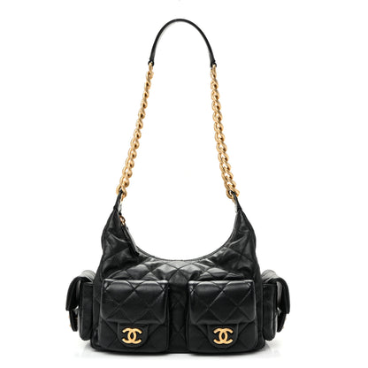 Chanel Shiny Lambskin Quilted Trendy Pockets Hobo Black 2 of 19