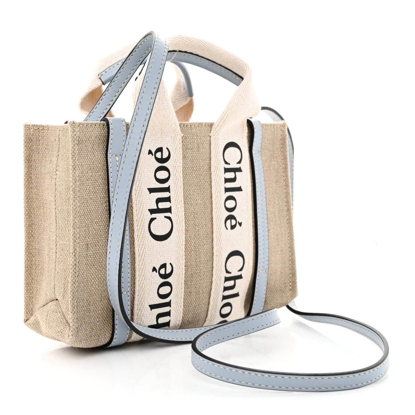 Linen Calfskin Mini Woody Ribbon Tote White Blue