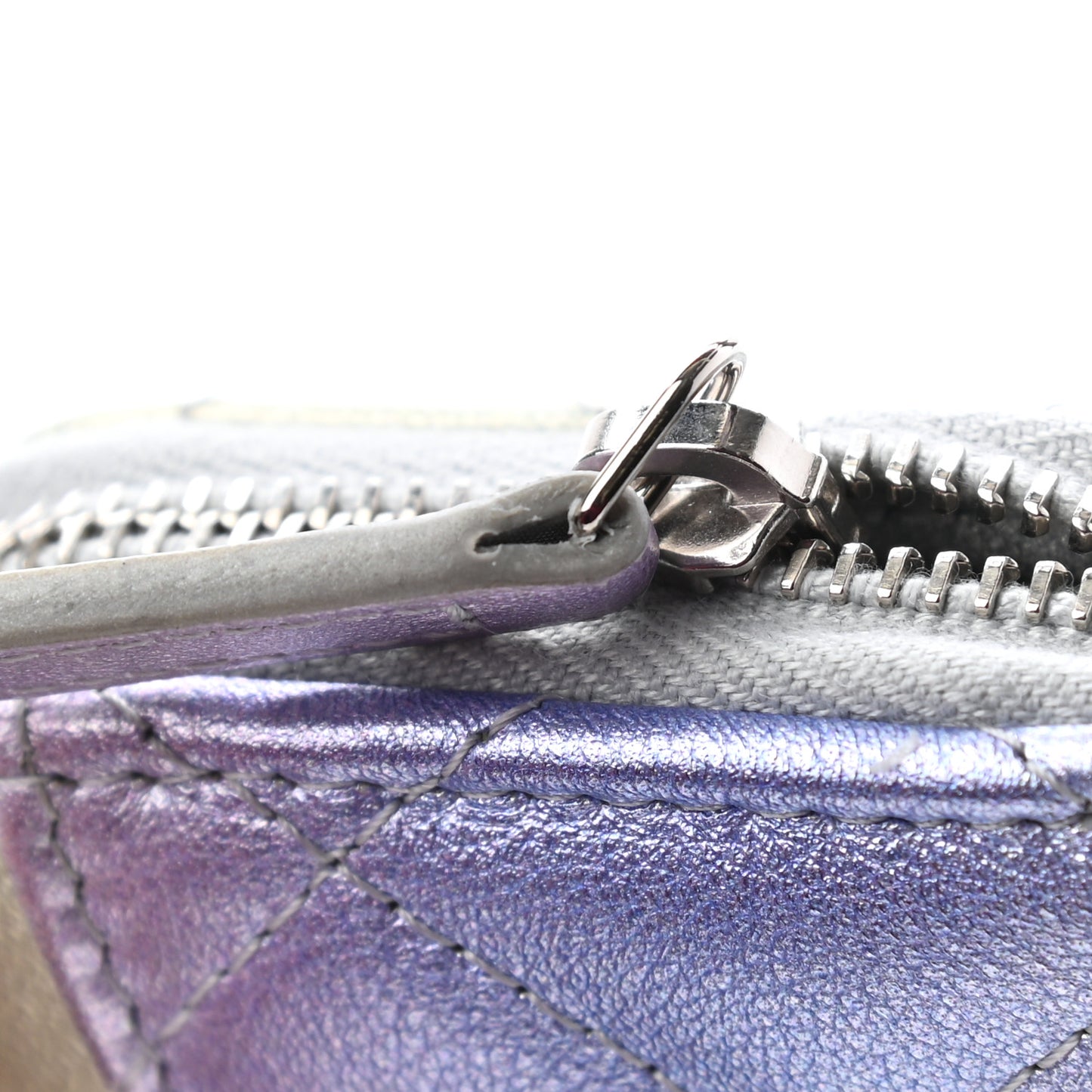 Gradient Metallic Calfskin Quilted Zip Around Coin Purse Wallet Silver Blue Yellow Purple