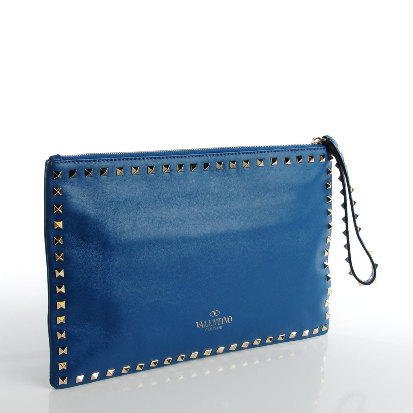 Vitello Large Rockstud Zip Wristlet Pouch Blu Delft