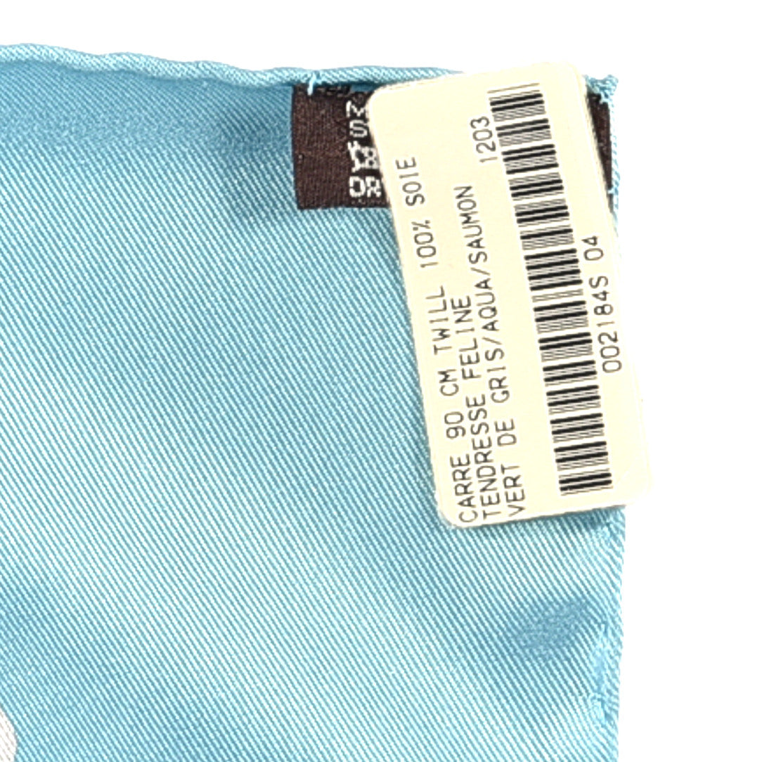 Hermes Silk Tendresse Feline Scarf 90 Vert De Gris Aqua Saumon 3 of 3