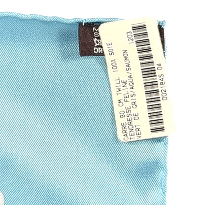 Hermes Silk Tendresse Feline Scarf 90 Vert De Gris Aqua Saumon 3 of 3