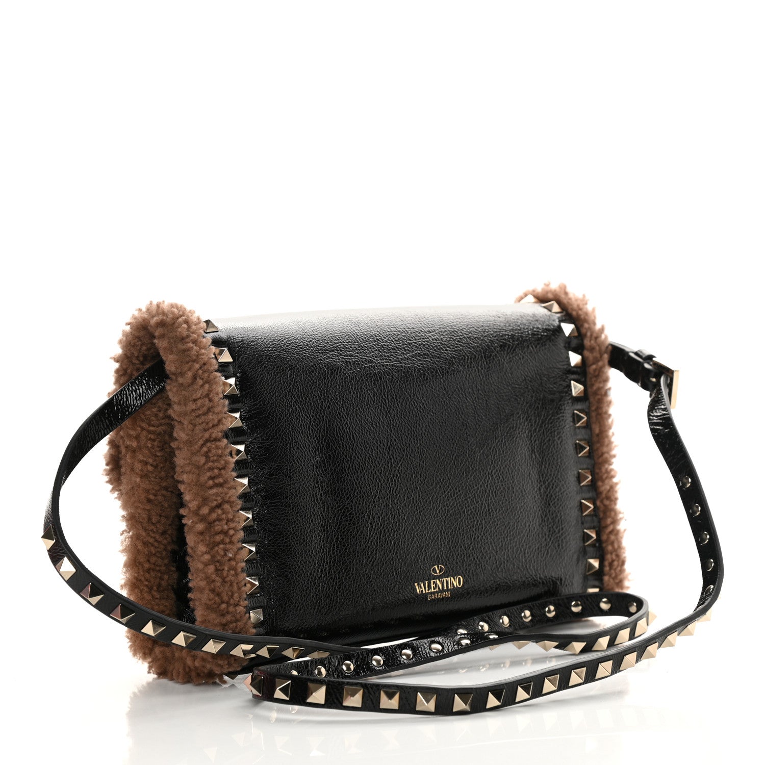 Valentino Garavani Textured Patent Calfskin Shearling Medium Rockstud Flip Lock Crossbody Bag Black 2 of 10
