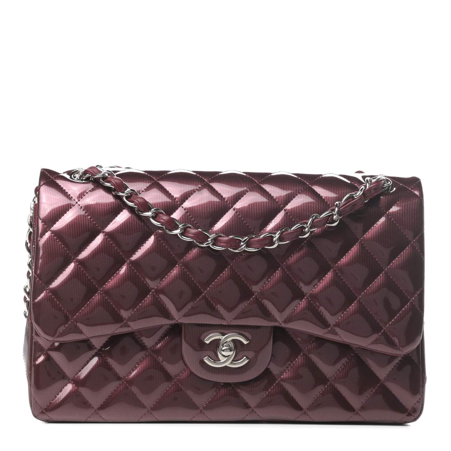 Striated Patent Quilted Jumbo Double Flap Burgundy