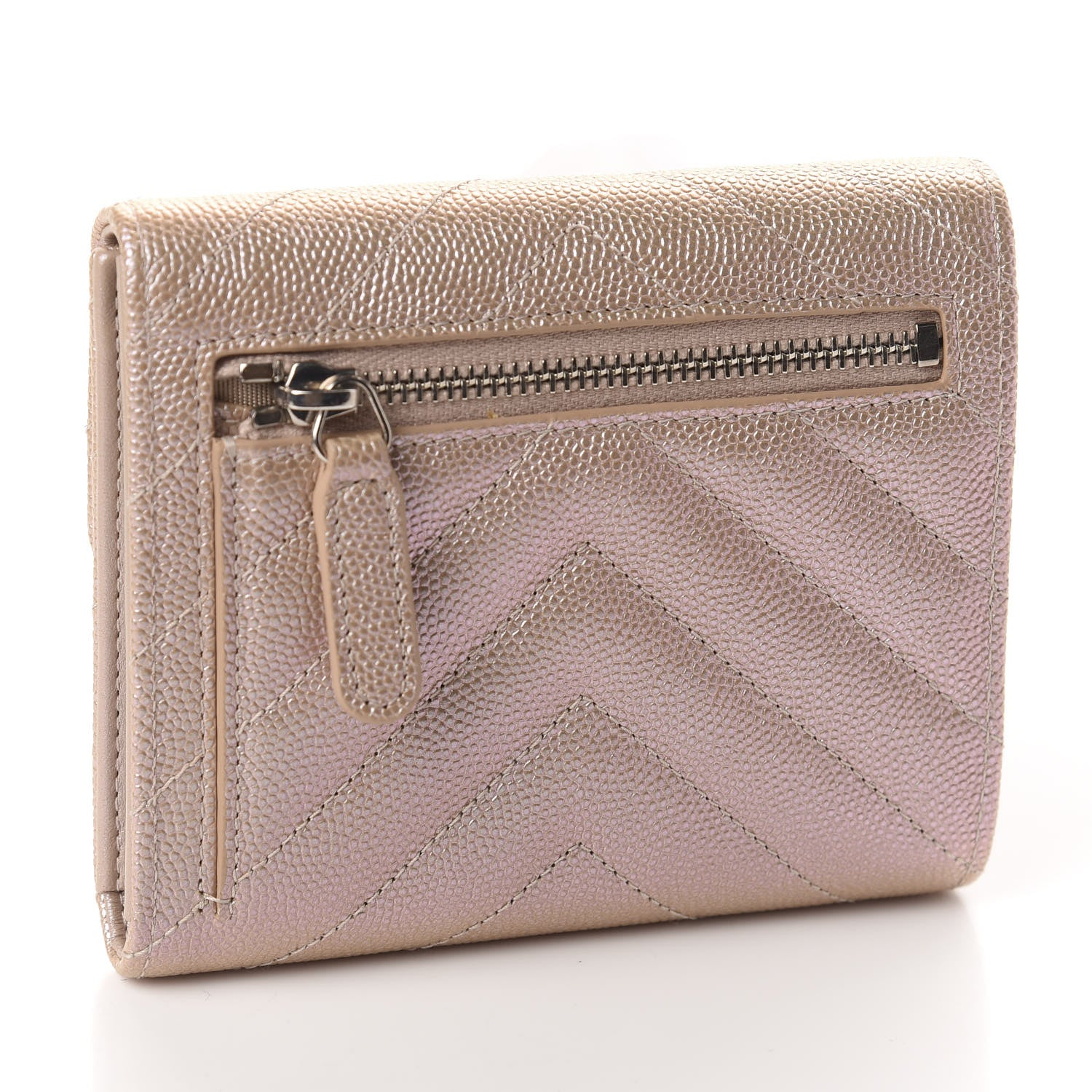 Chanel Metallic Caviar Chevron Quilted Compact Flap Wallet Light Gold 3 of 8