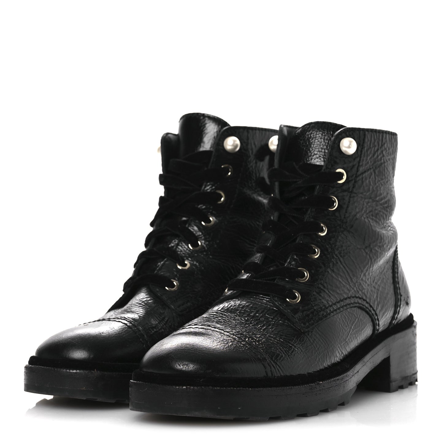 Shiny Calfskin Velvet Pearl Combat Short Boots 41 Black