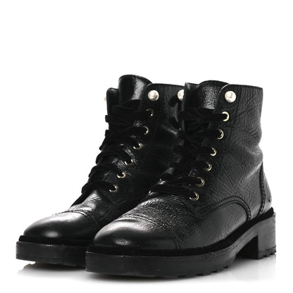 Chanel Shiny Calfskin Velvet Pearl Combat Short Boots 41 Black 4 of 14