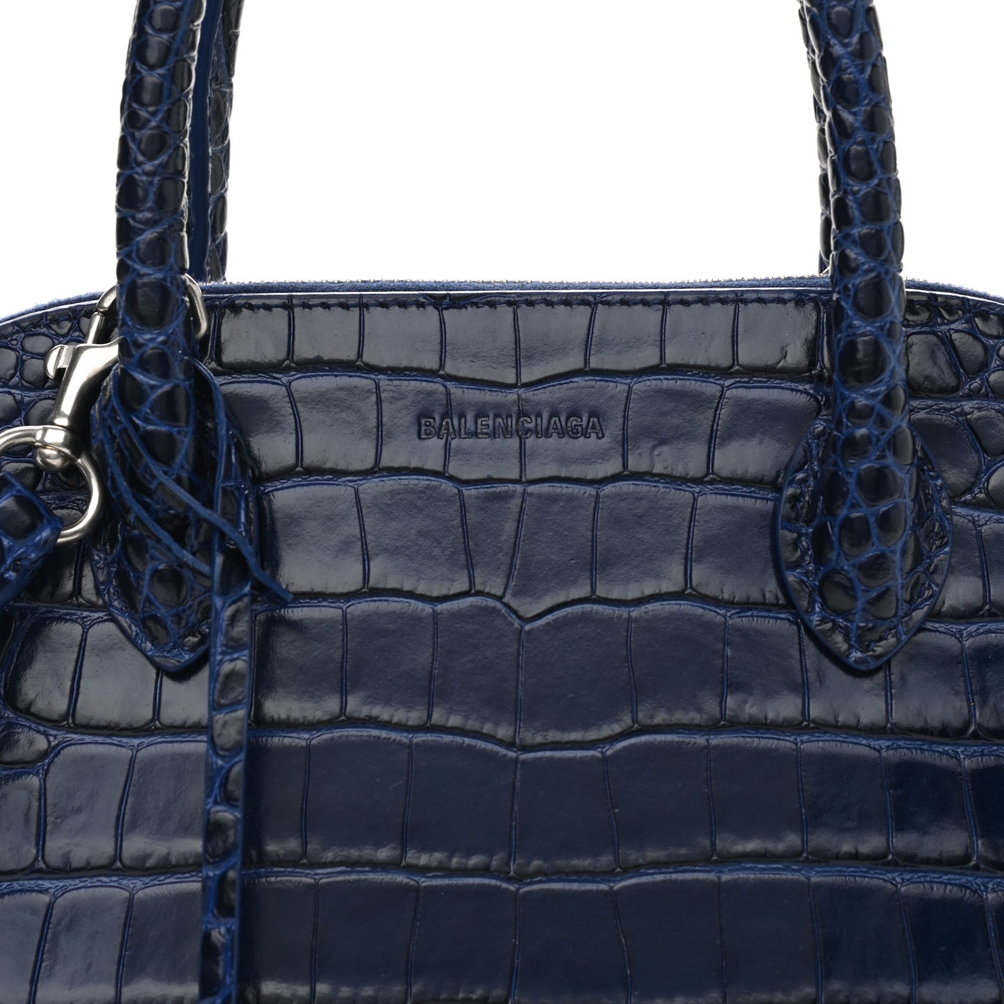 Shiny Calfskin Logo Crocodile Embossed S Ville Top Handle Bag Navy White