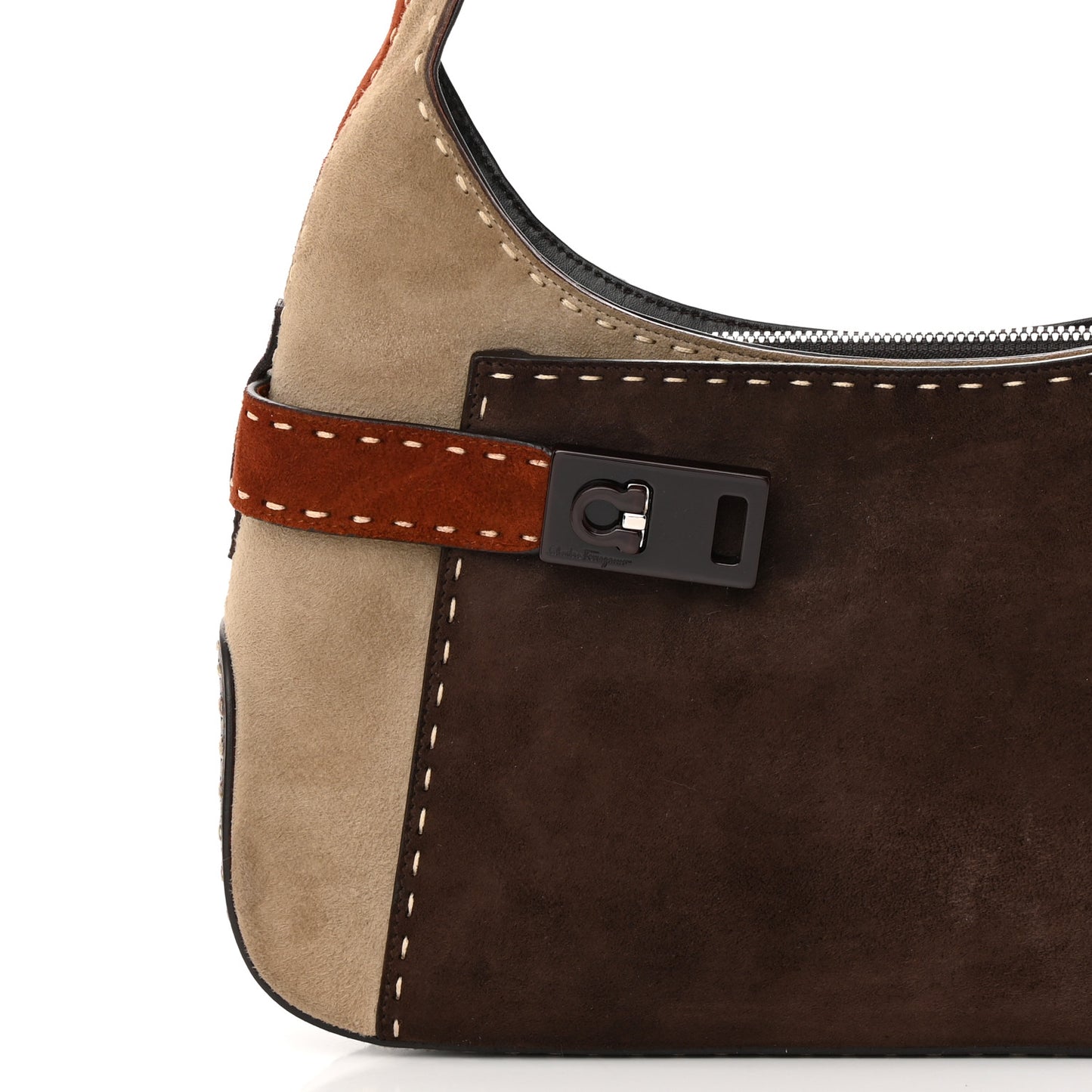 Suede Stitched Patchwork Arch Gancio Shoulder Bag Brown